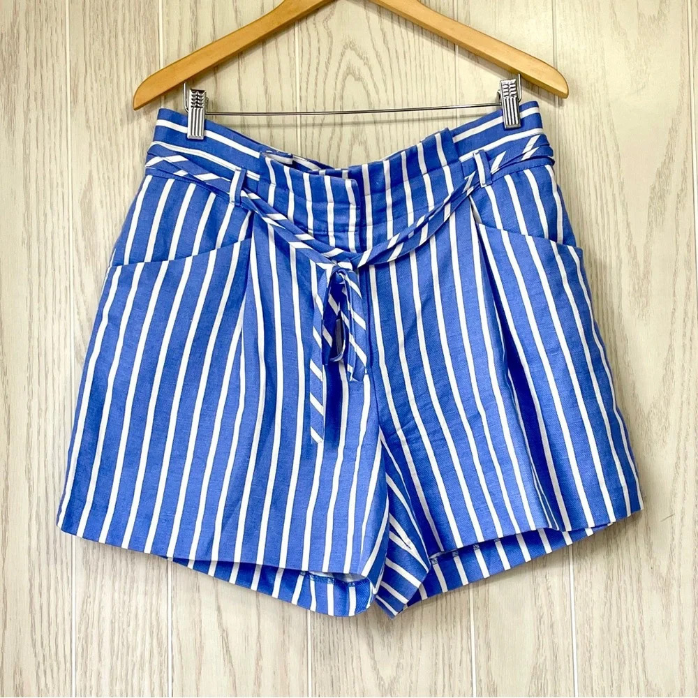 Ann Taylor Loft Women Pleated belted Shorts Size 10 Blue Striped LNC